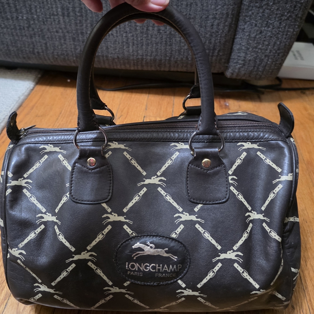 Authentic Vintage Longchamp Brown and Cream Handbag From JAPAN